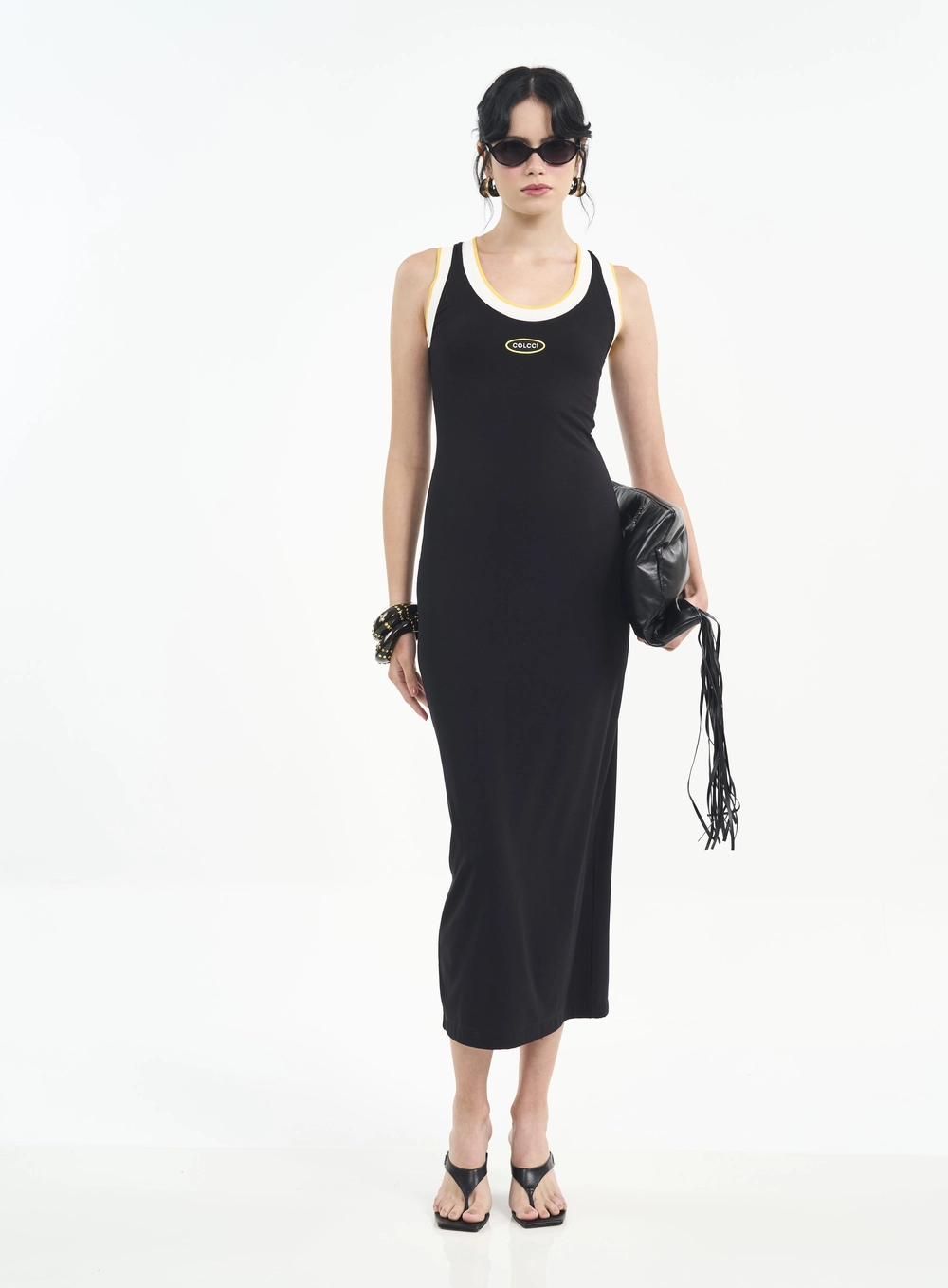 Vestido Midi Canelado Bicolor Com Escrita Preto