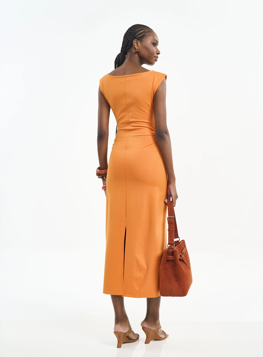 Vestido Midi Com Franzidos E Fenda Laranja