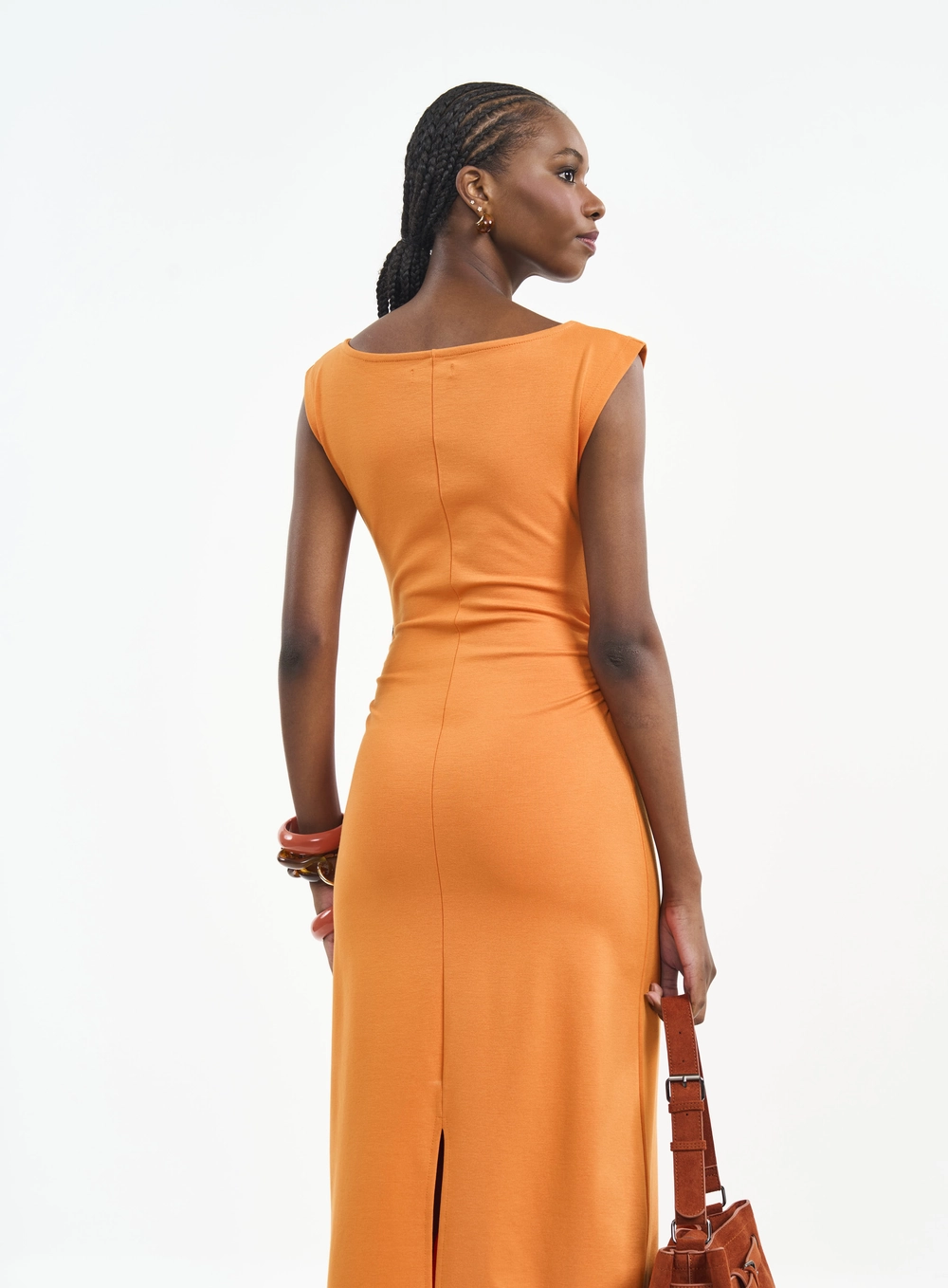 Vestido Midi Com Franzidos E Fenda Laranja