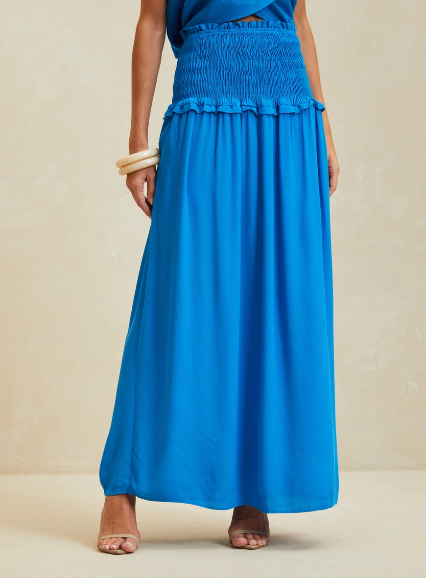 Saia Maxi Midi Ampla Com Lastex Azul
