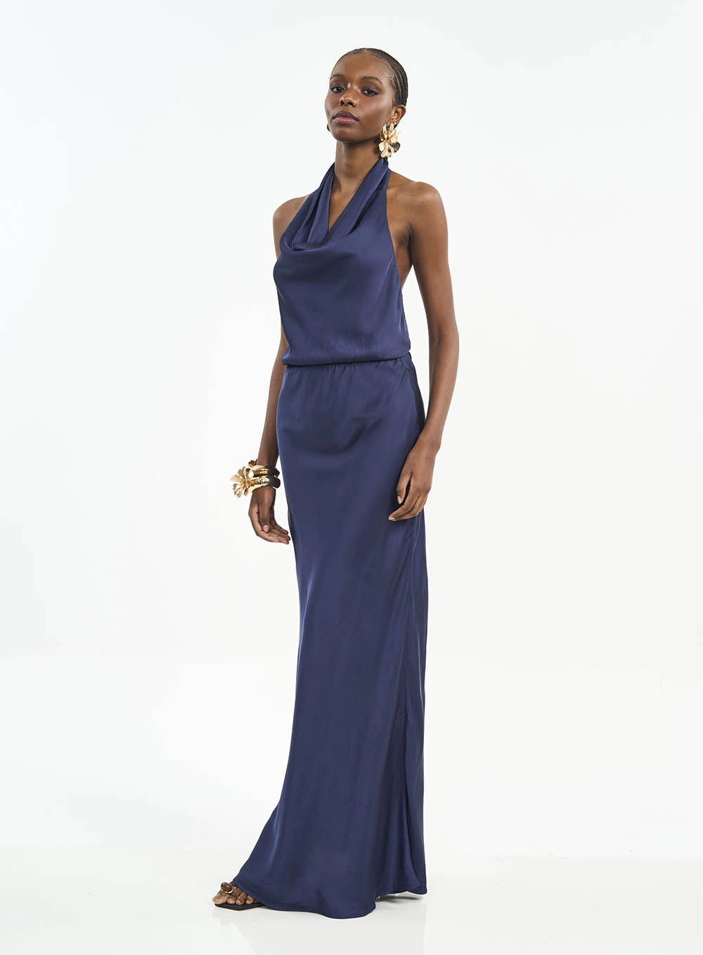 Vestido Longo Acetinado Com Costas Abertas Azul
