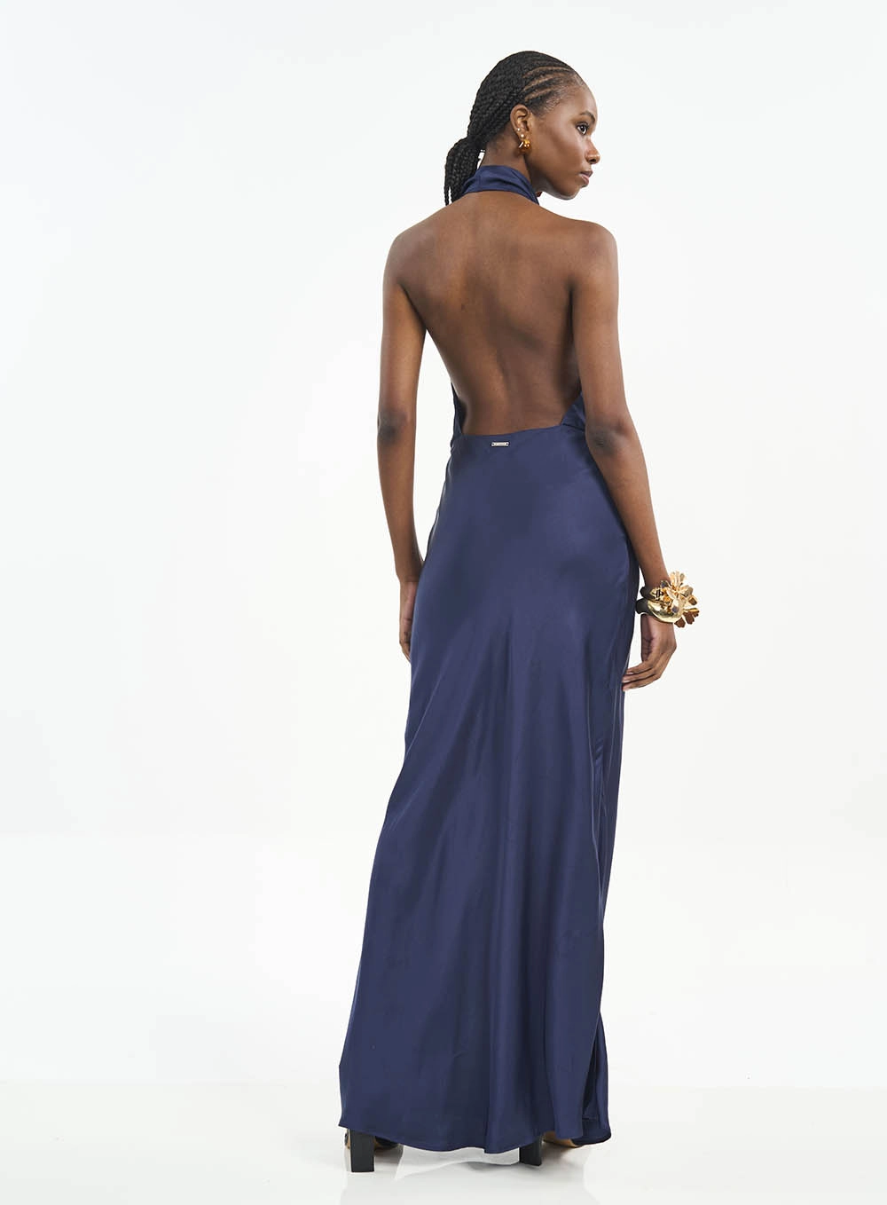 Vestido Longo Acetinado Com Costas Abertas Azul