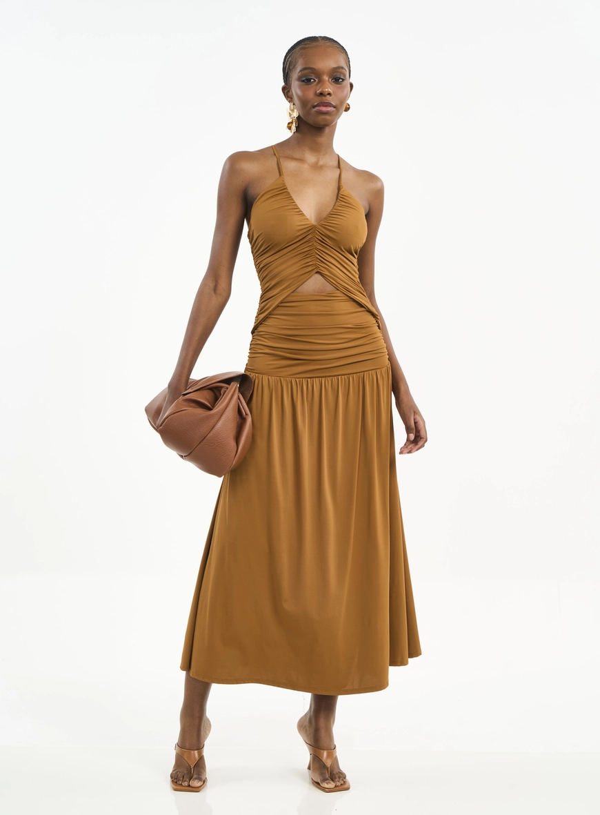 Vestido Midi Com Franzidos E Alças Finas