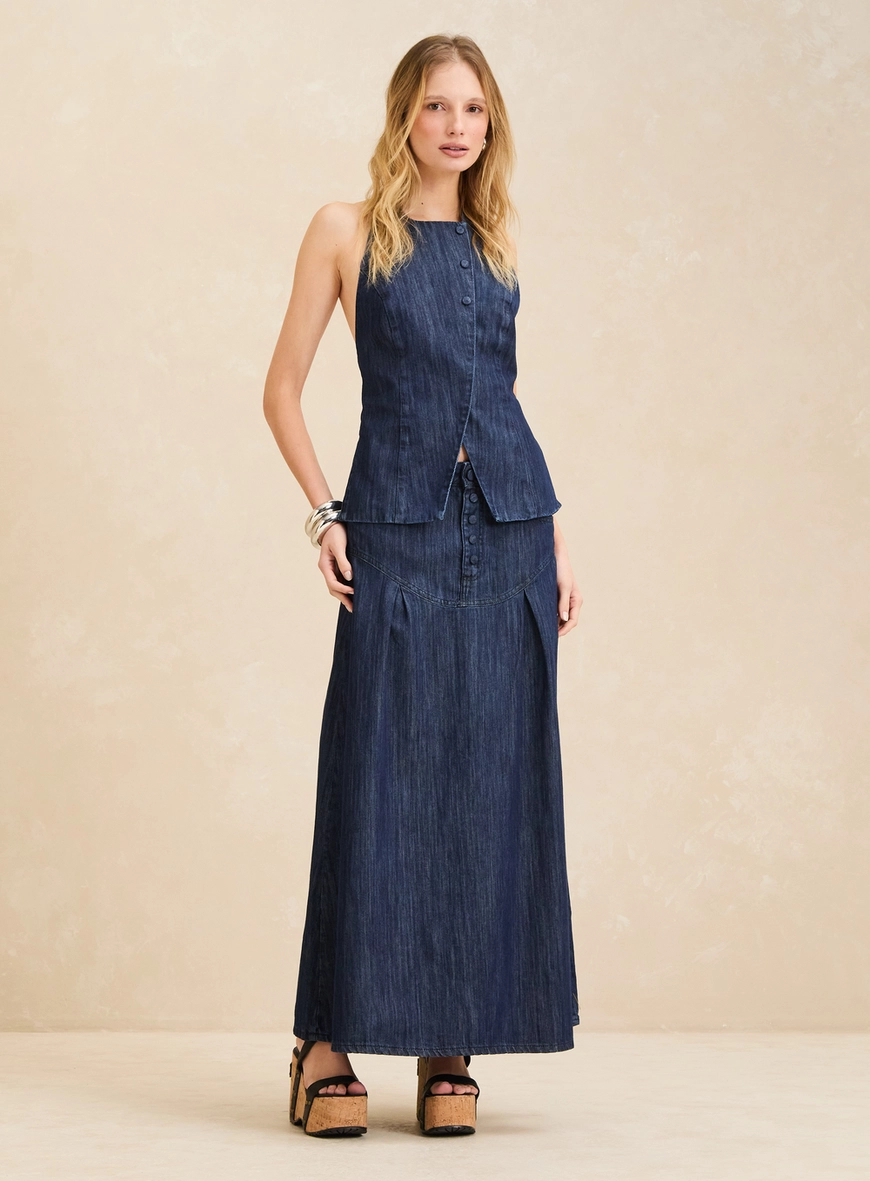 Saia Jeans Midi Evasê Ampla Cintura Alta Índigo 1