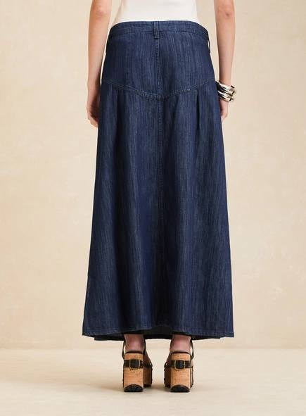 Saia Jeans Midi Evasê Ampla Cintura Alta