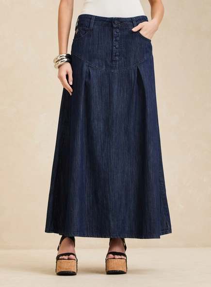 Saia Jeans Midi Evasê Ampla Cintura Alta