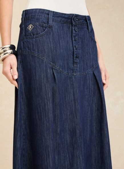 Saia Jeans Midi Evasê Ampla Cintura Alta
