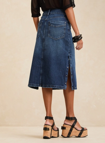 Saia Jeans Midi Reta Cintura Média Com Fenda