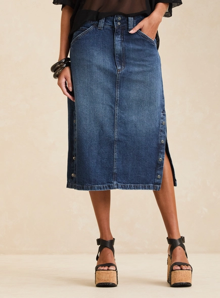 Saia Jeans Midi Reta Cintura Média Com Fenda