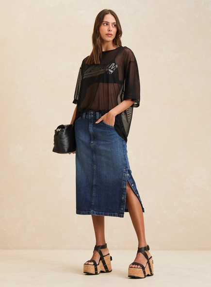 Saia Jeans Midi Reta Cintura Média Com Fenda