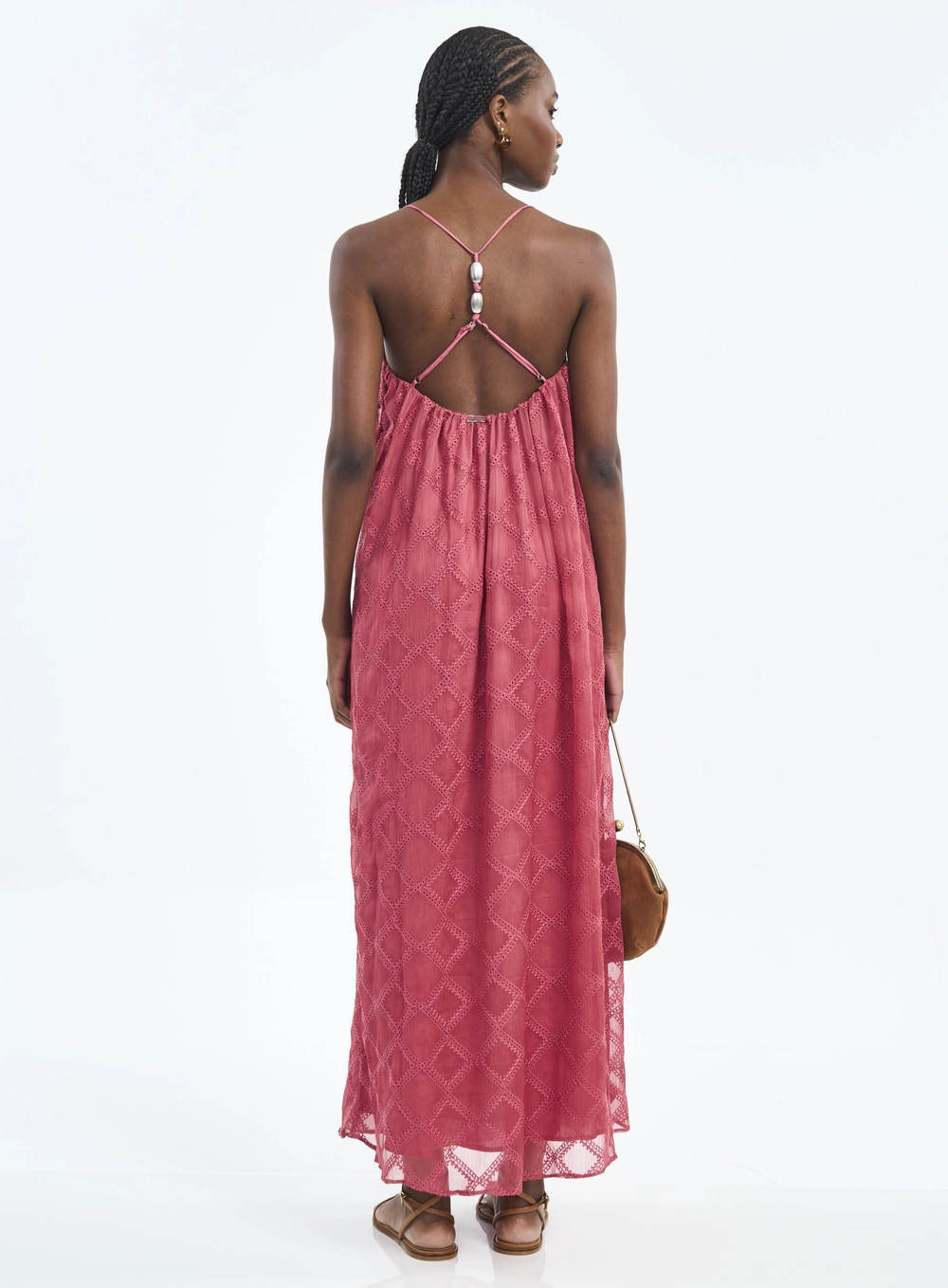 Vestido Longo Com Bordado E Alças Cruzadas Rosa