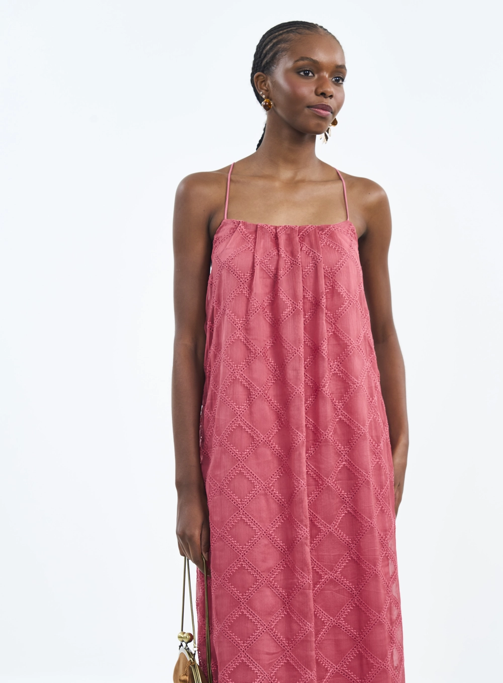 Vestido Longo Com Bordado E Alças Cruzadas Rosa