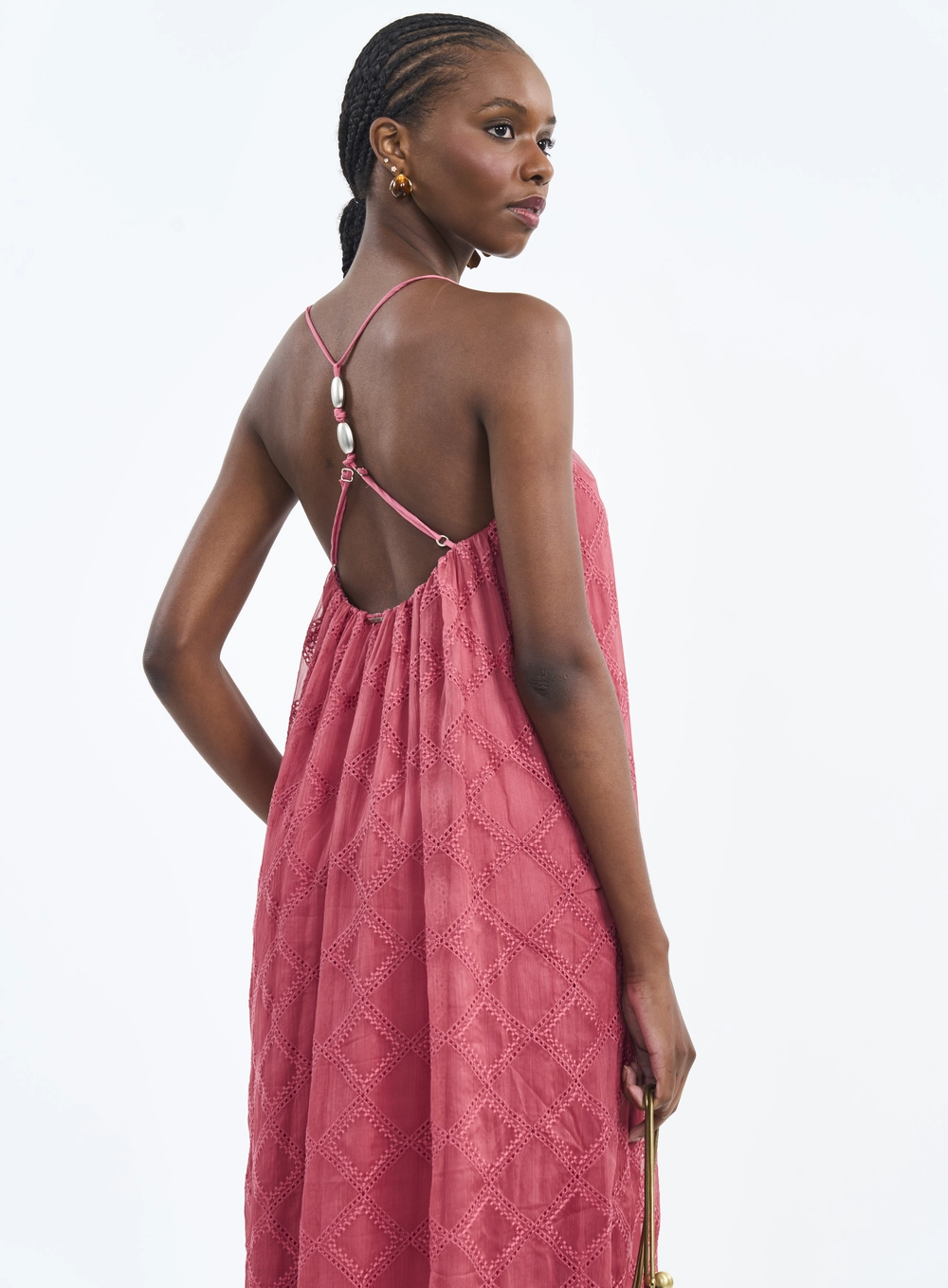 Vestido Longo Com Bordado E Alças Cruzadas Rosa