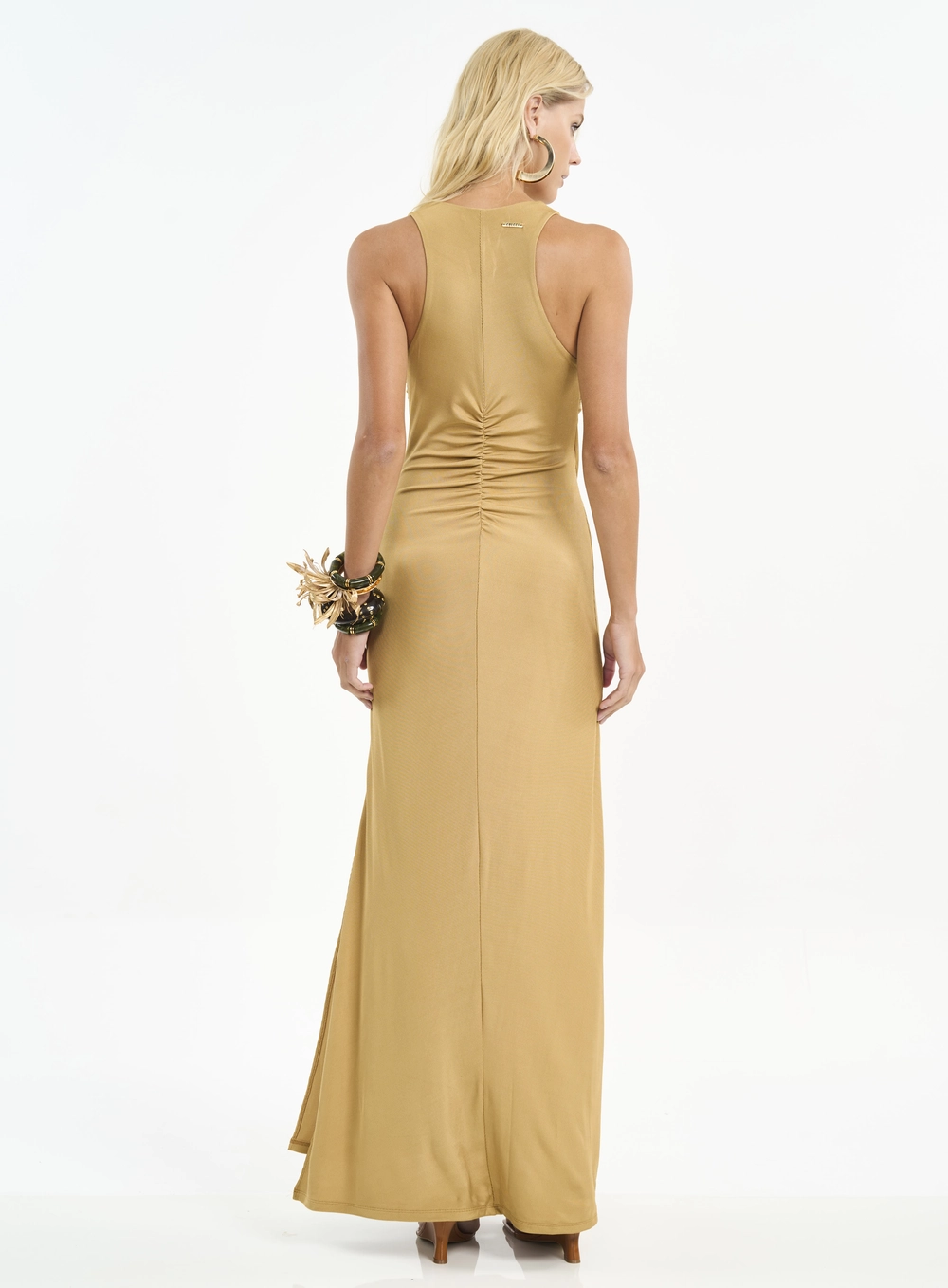 Vestido Longo Com Decote V E Fenda Bege Soybean