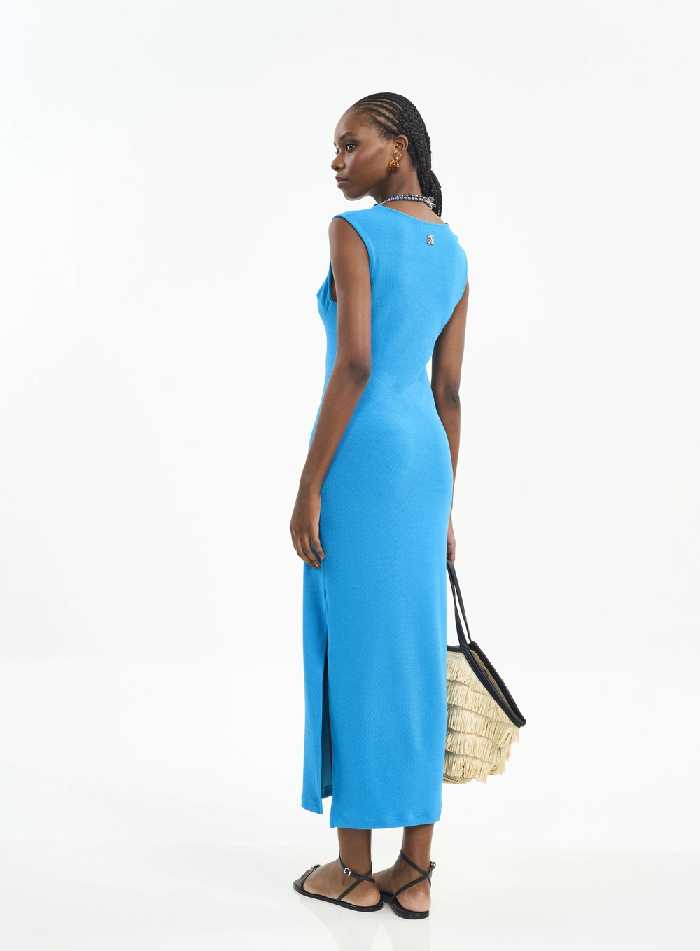 Vestido Midi Com Recorte E Fenda Azul