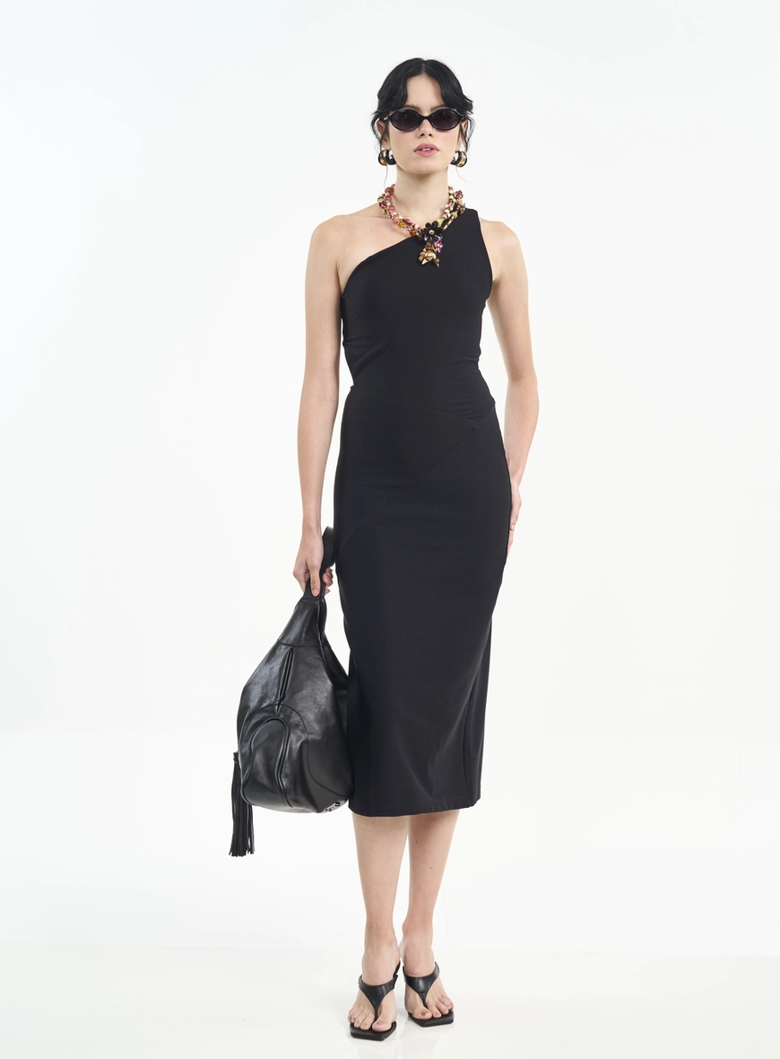Vestido Midi Com Recorte E Ombro Único