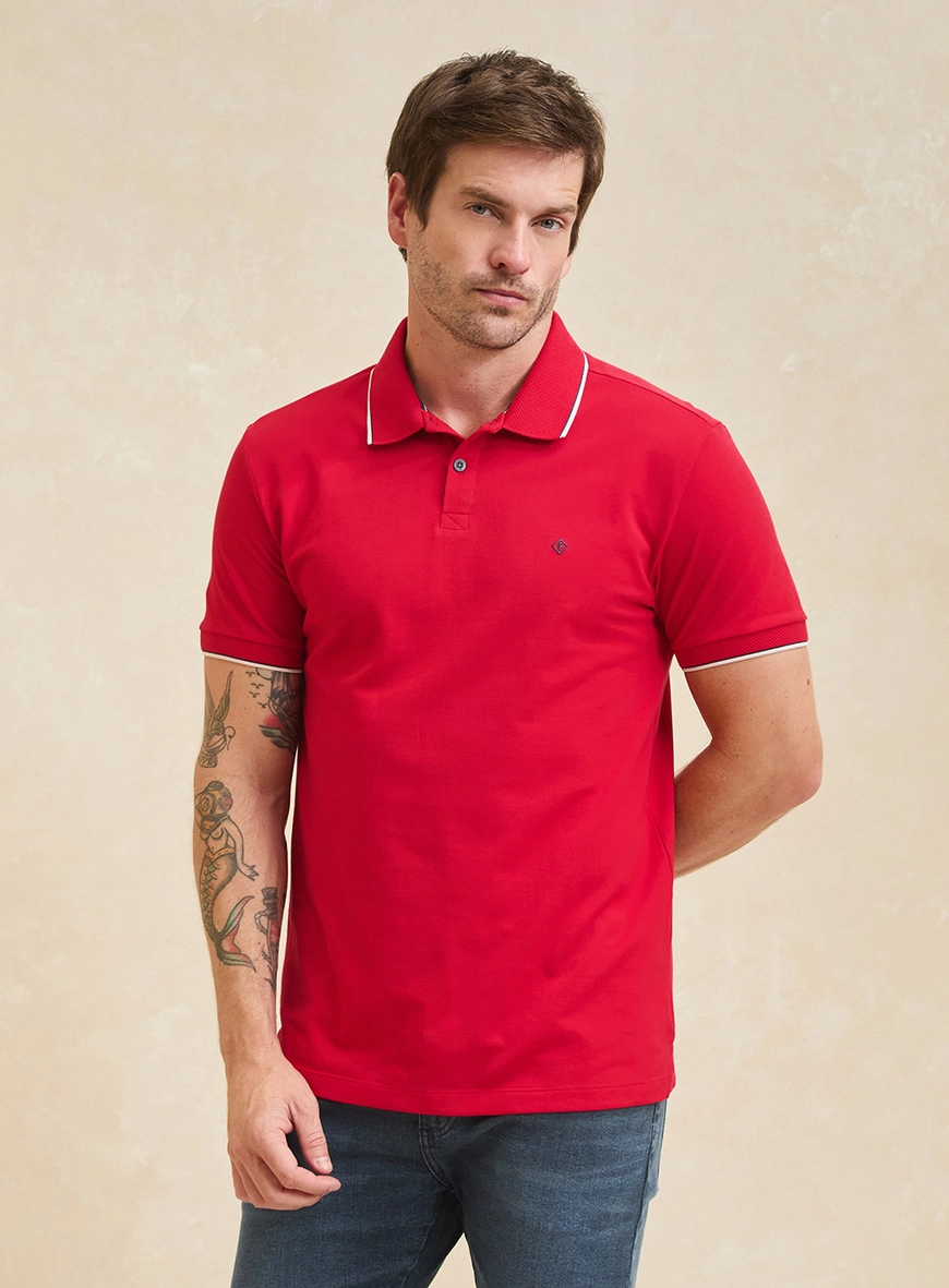 Polo Masculina Muscle Jacquard Com Frisos Vermelho