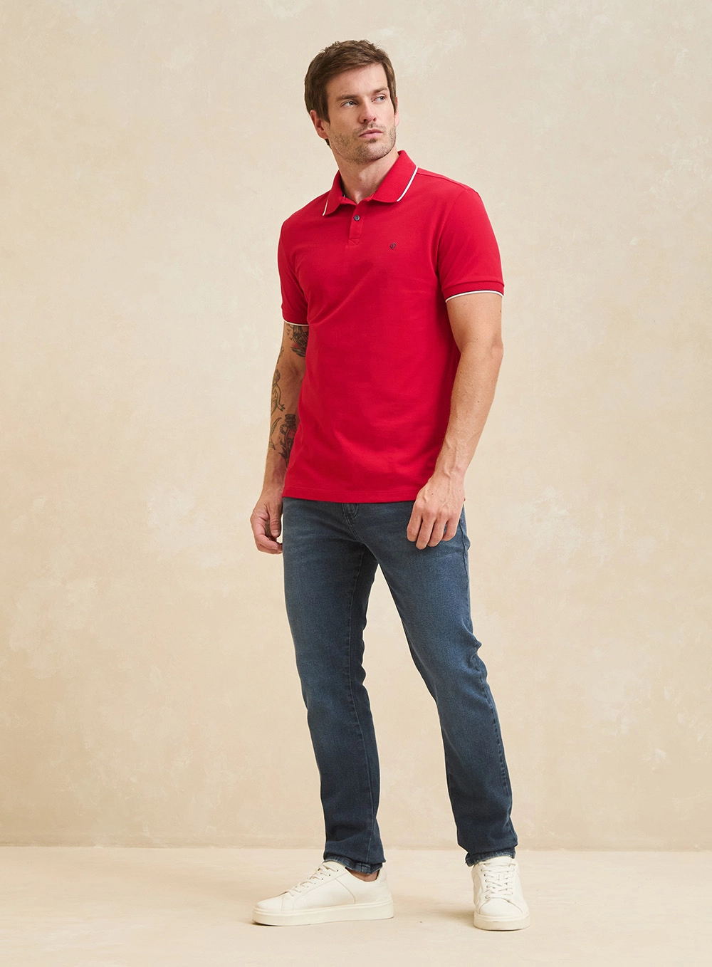 Polo Masculina Muscle Jacquard Com Frisos Vermelho 4