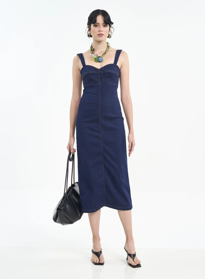 Vestido Midi Jeans Com Costuras E Zíper