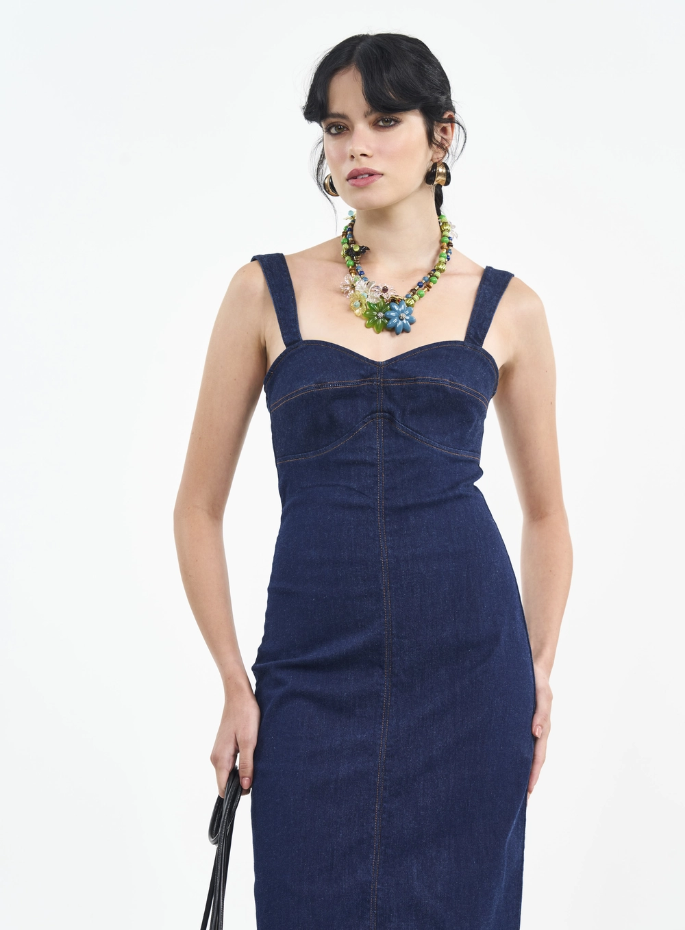 Vestido Midi Jeans Com Costuras E Zíper Índigo