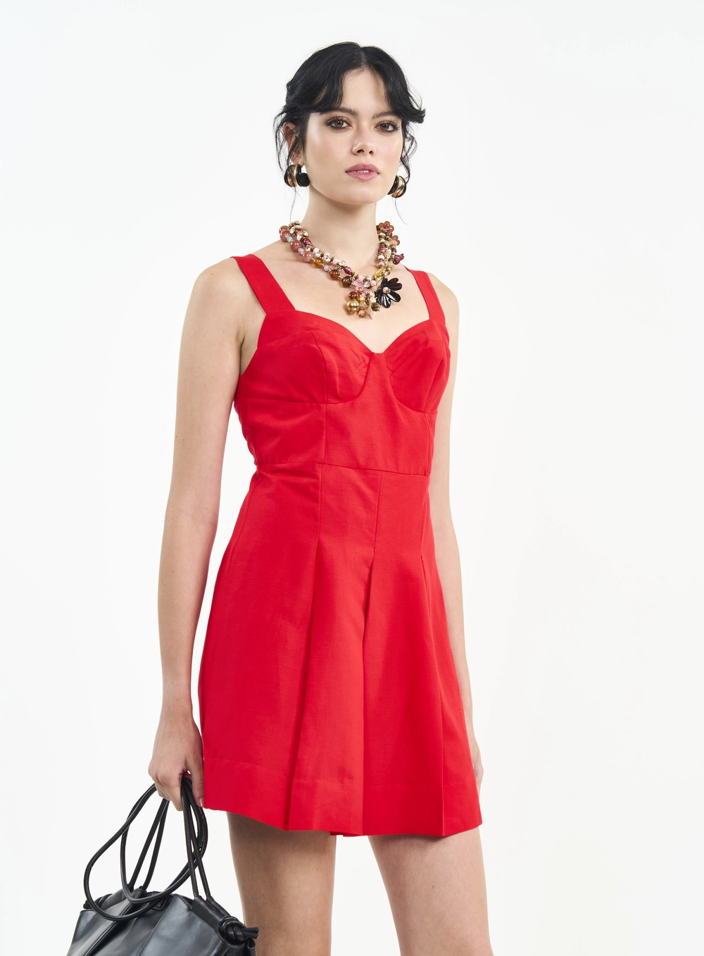 Vestido Mini De Linho Com Bustiê E Pregas Vermelho