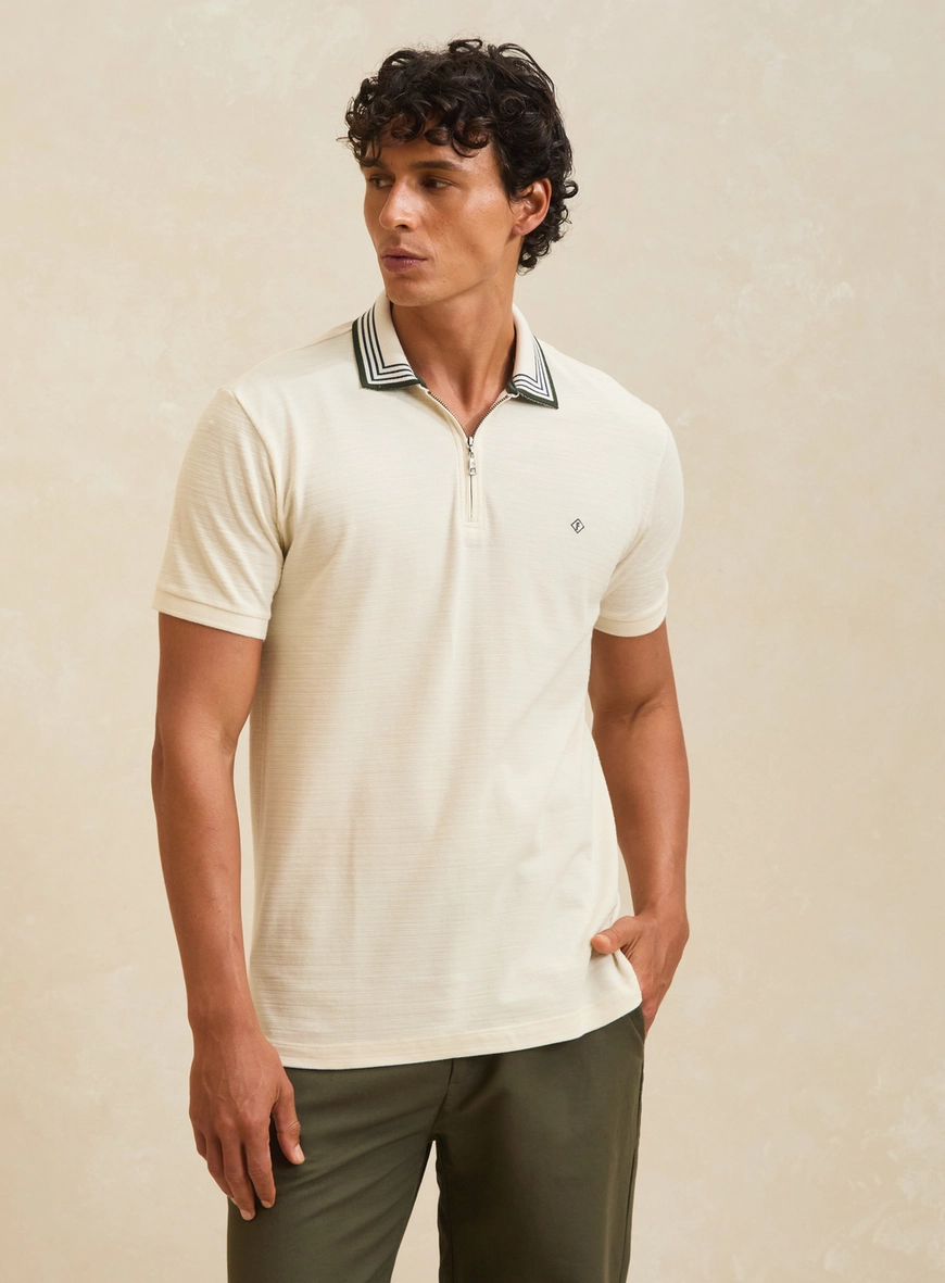 Polo Masculina Muscle Piquet Jacquard Com Frisos Bege Italian