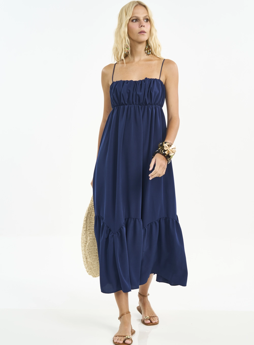Vestido Midi Com Busto Franzido E Alças Azul