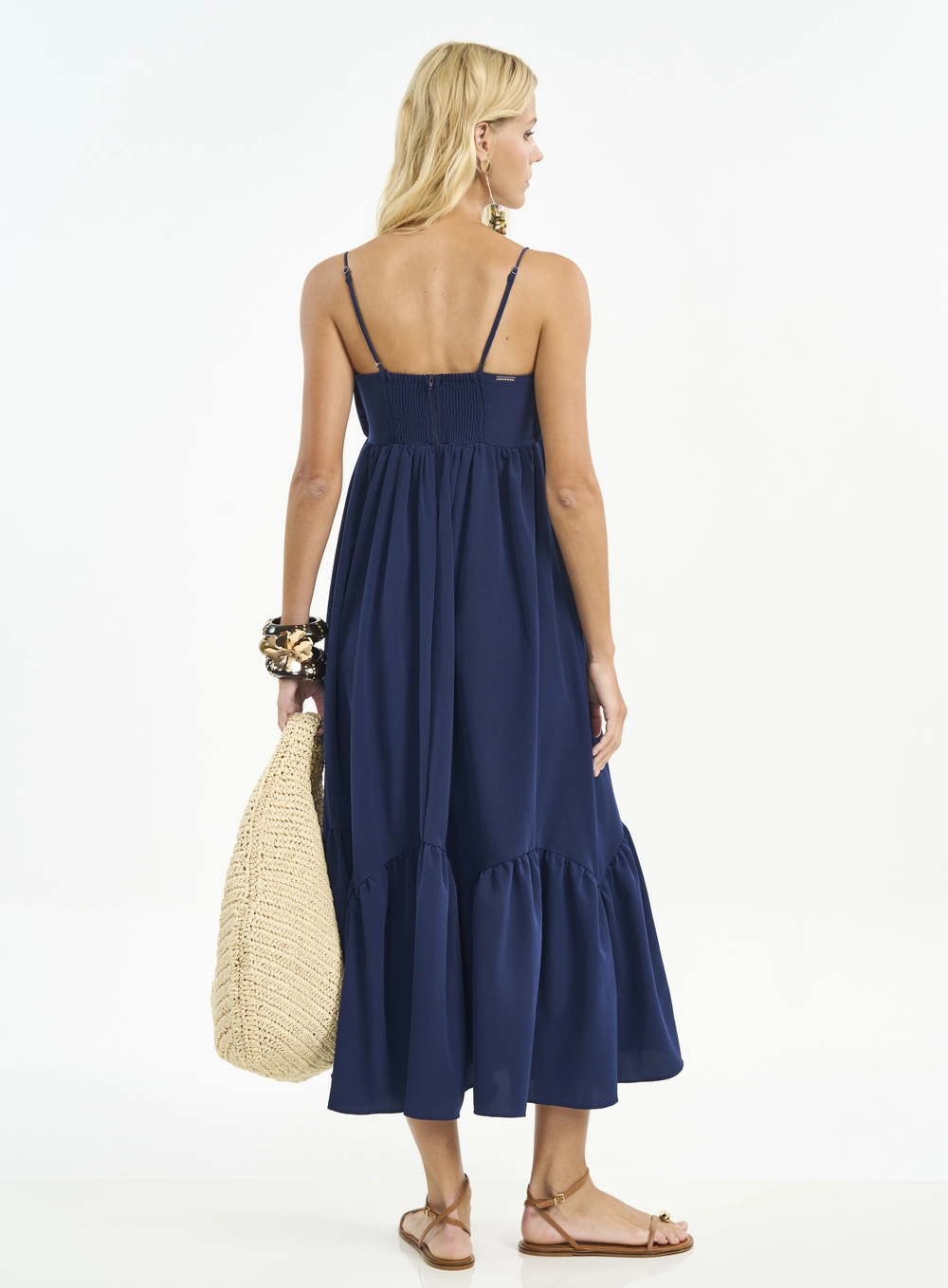 Vestido Midi Com Busto Franzido E Alças Azul