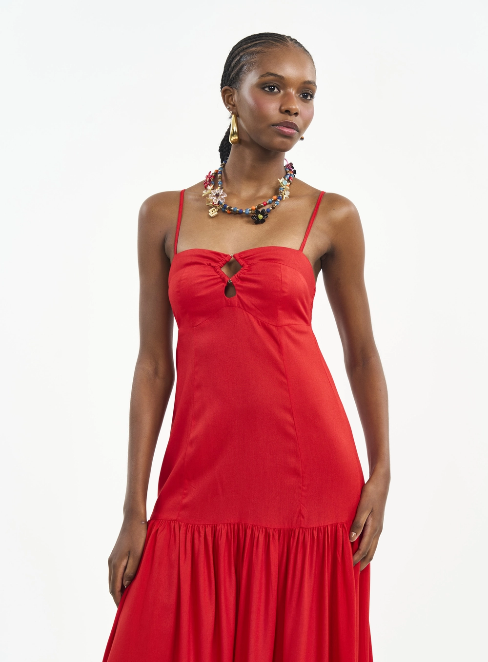 Vestido Longo Com Argola E Alças Finas Vermelho