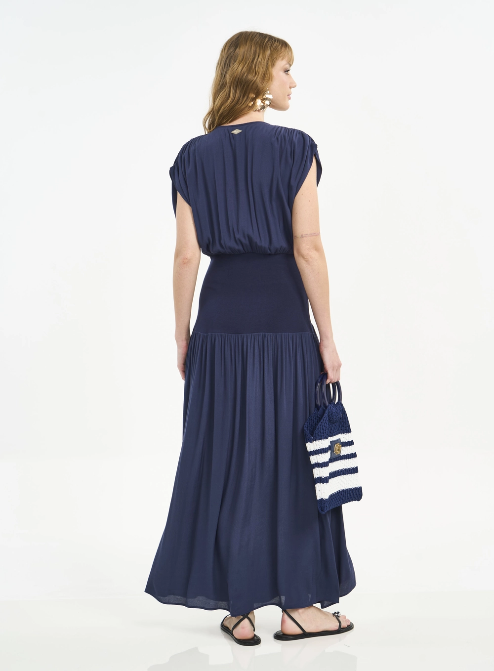 Vestido Longo Com Franzidos Azul