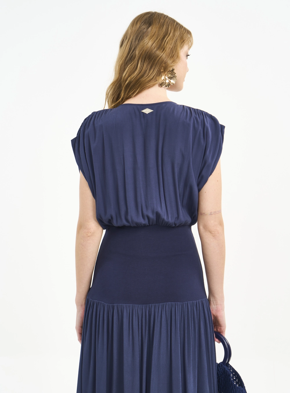 Vestido Longo Com Franzidos Azul