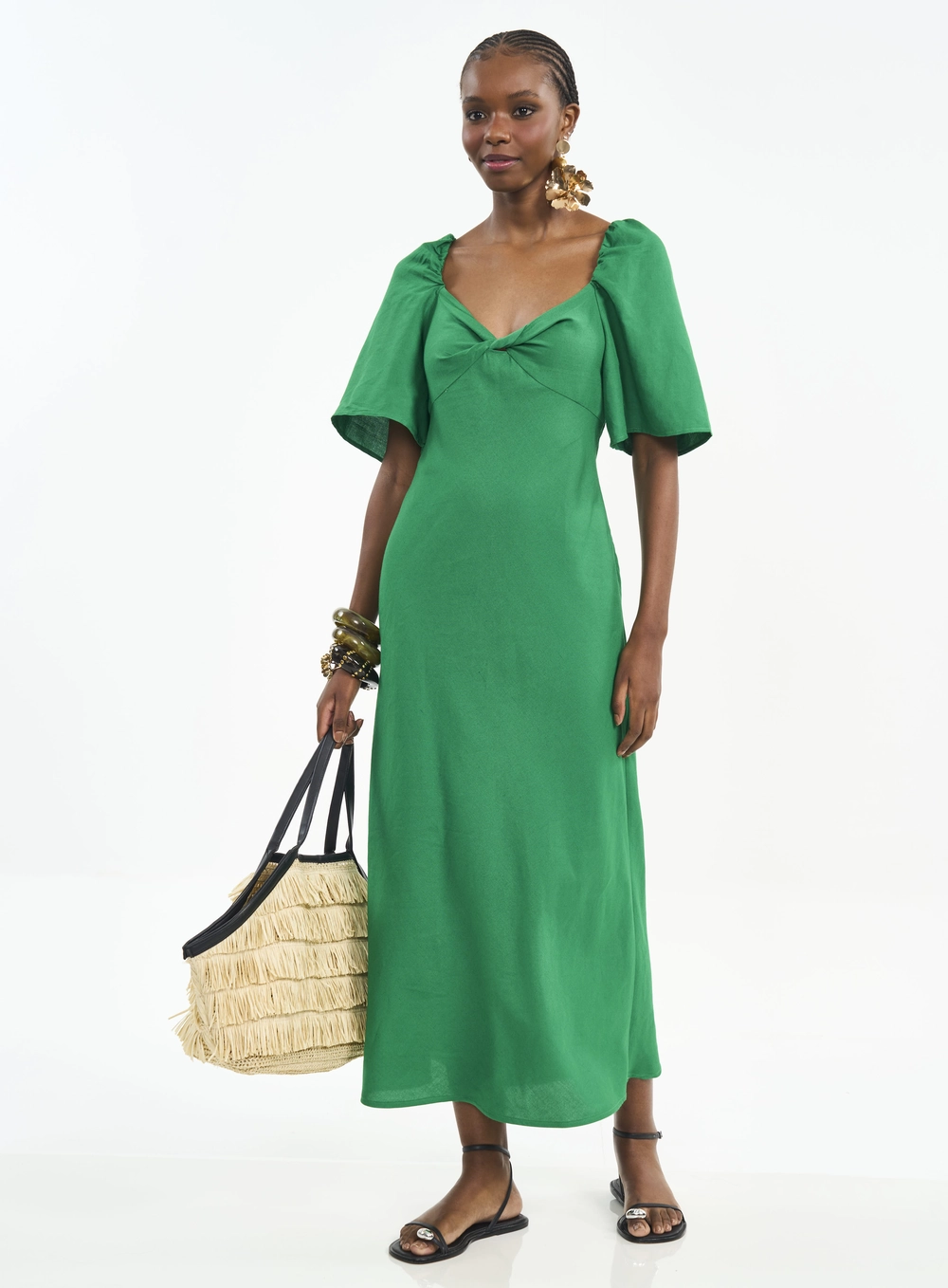 Vestido Midi Com Torção E Mangas Curtas Verde Vanity