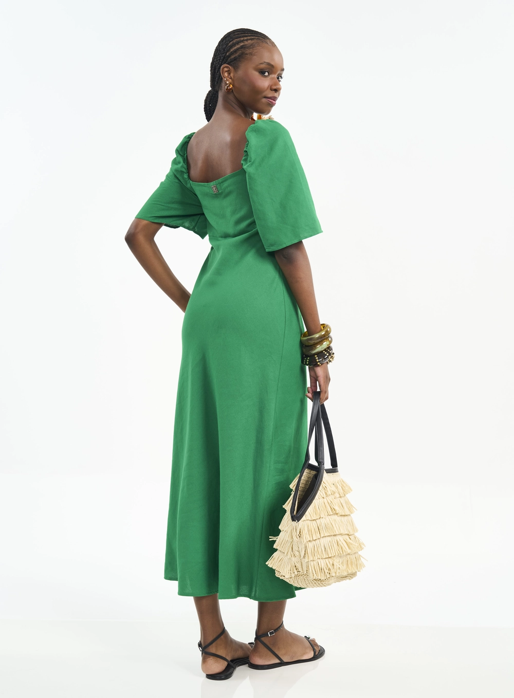 Vestido Midi Com Torção E Mangas Curtas Verde Vanity