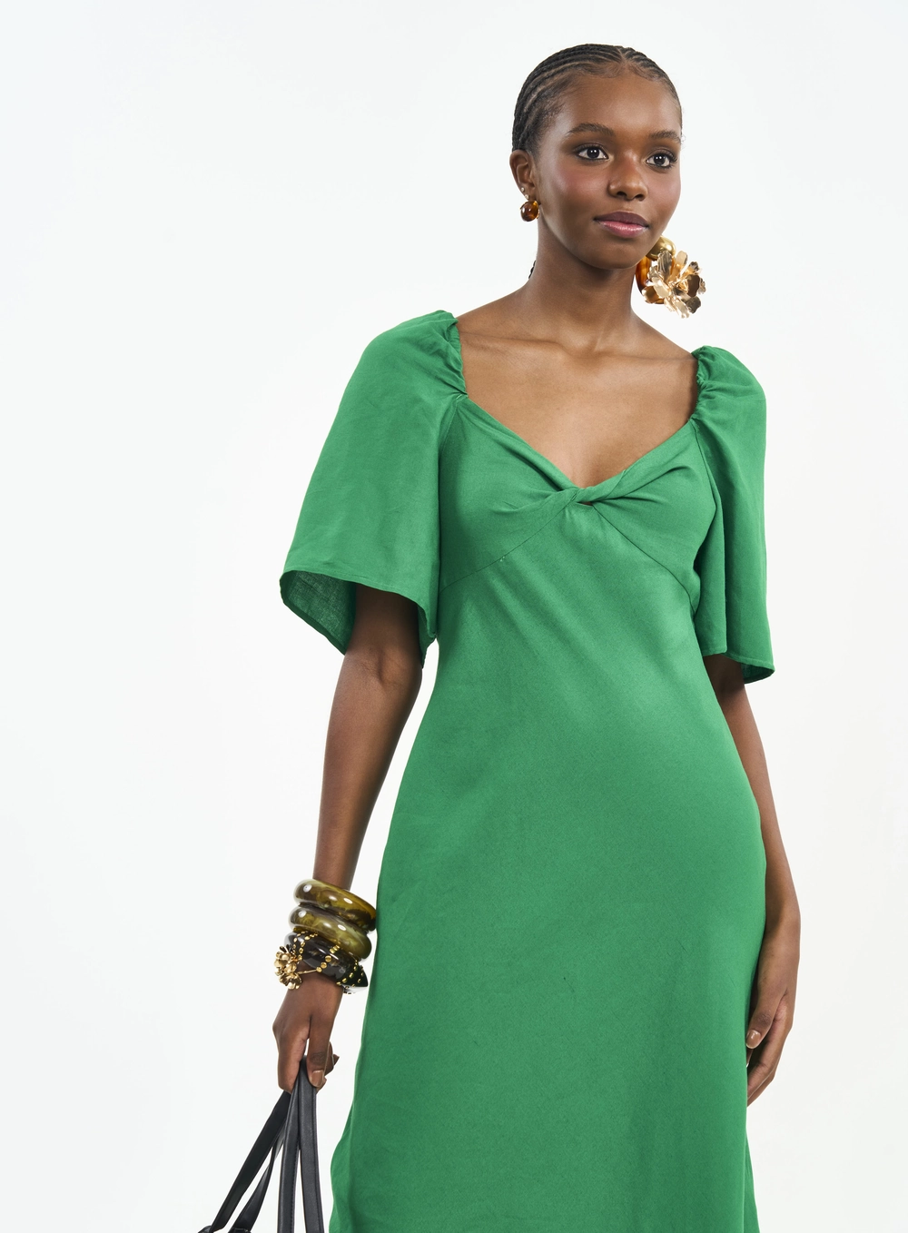 Vestido Midi Com Torção E Mangas Curtas Verde Vanity