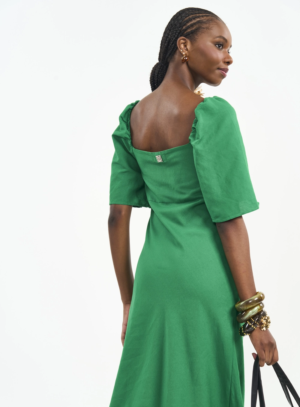 Vestido Midi Com Torção E Mangas Curtas Verde Vanity