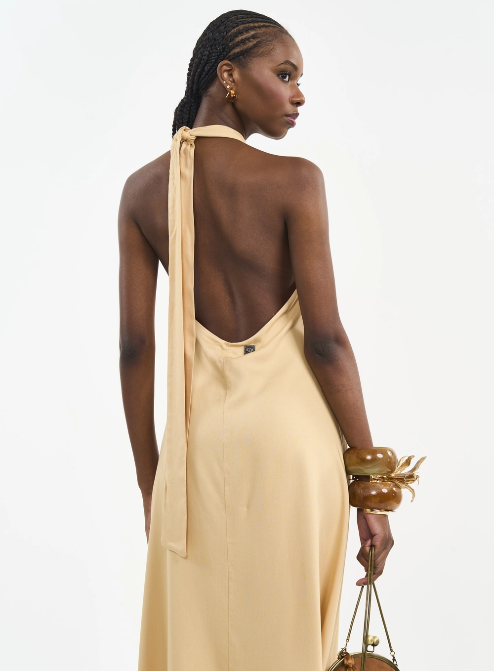 Vestido Longo Com Decote Halter E Amarração Bege