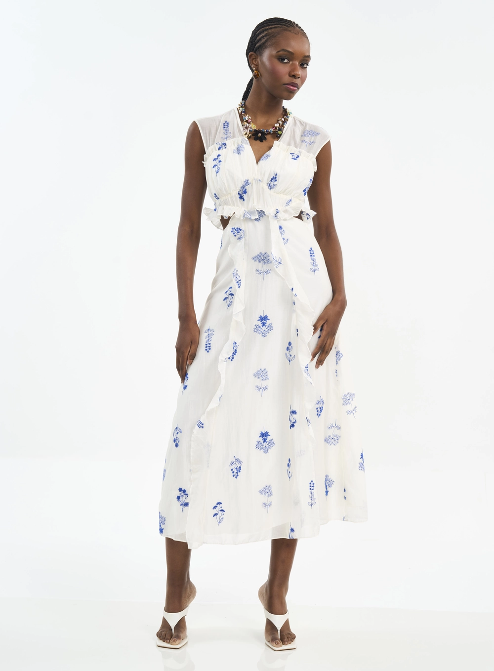 Vestido Midi Com Bordado E Recorte Estampados