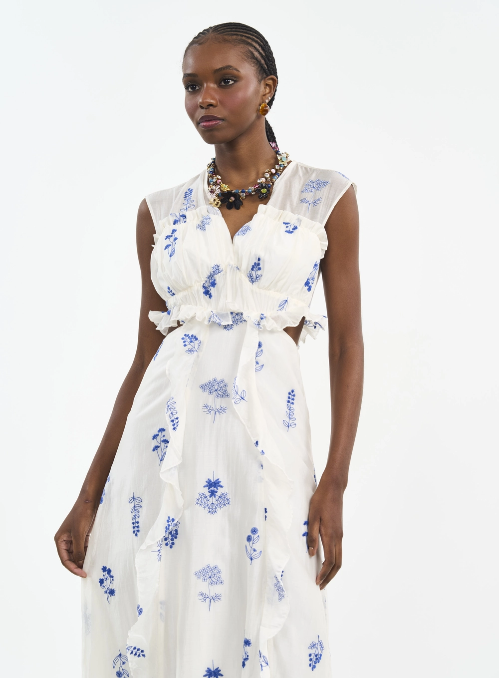 Vestido Midi Com Bordado E Recorte Estampados