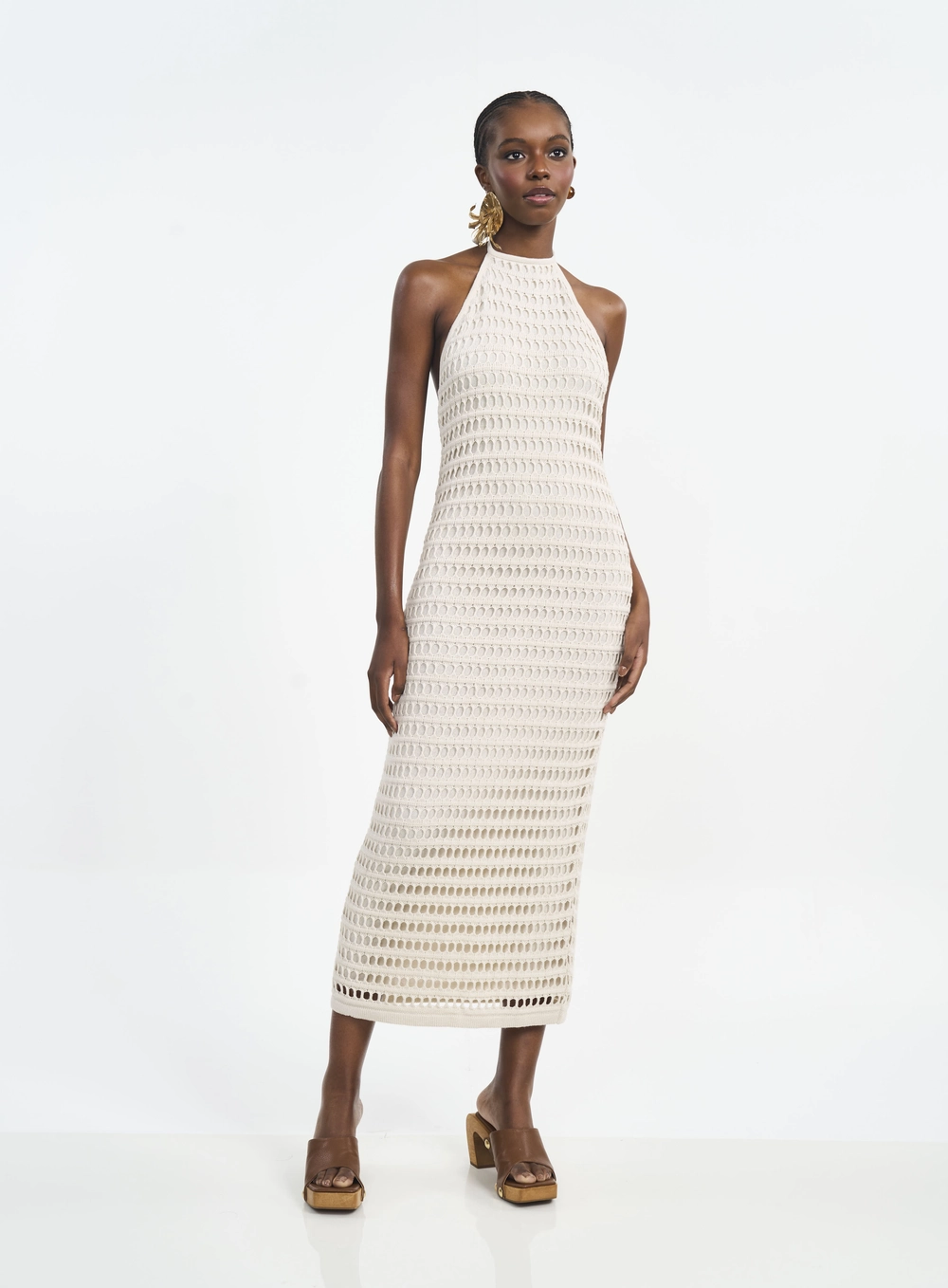 Vestido Longo Frente Única Com Transparência Bege