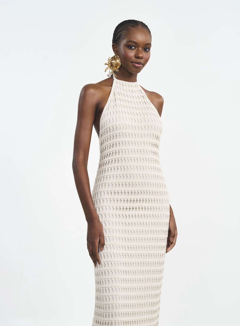 Vestido Longo Frente Única Com Transparência Bege