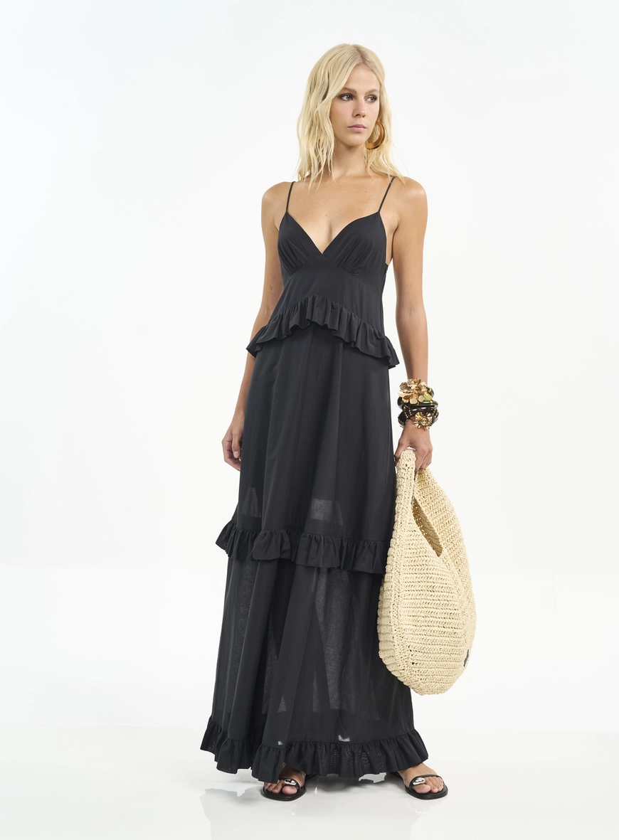 Vestido Longo Com Camadas E Babados