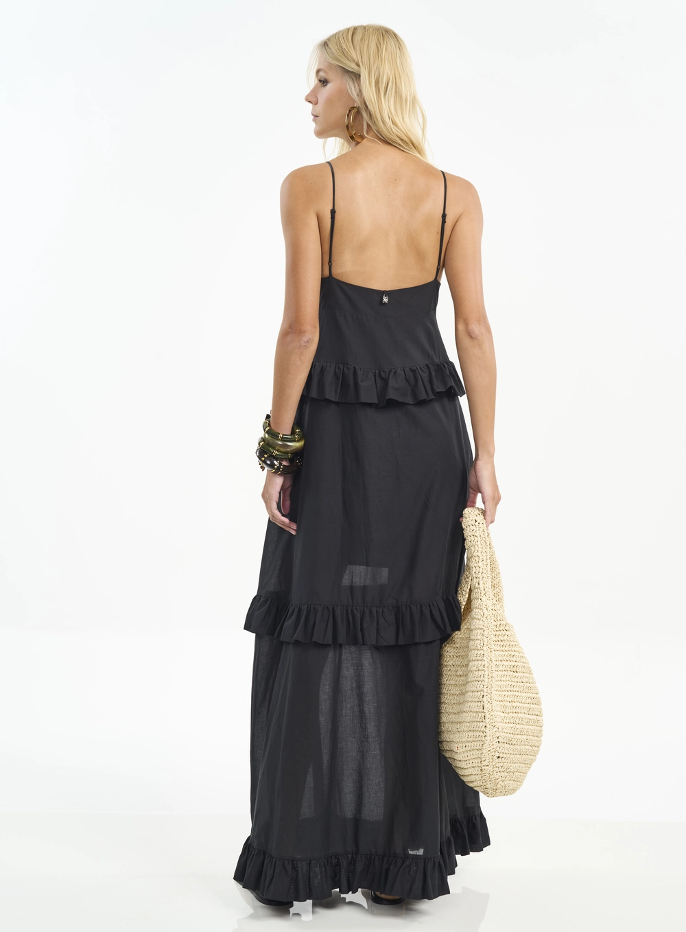 Vestido Longo Com Camadas E Babados Preto