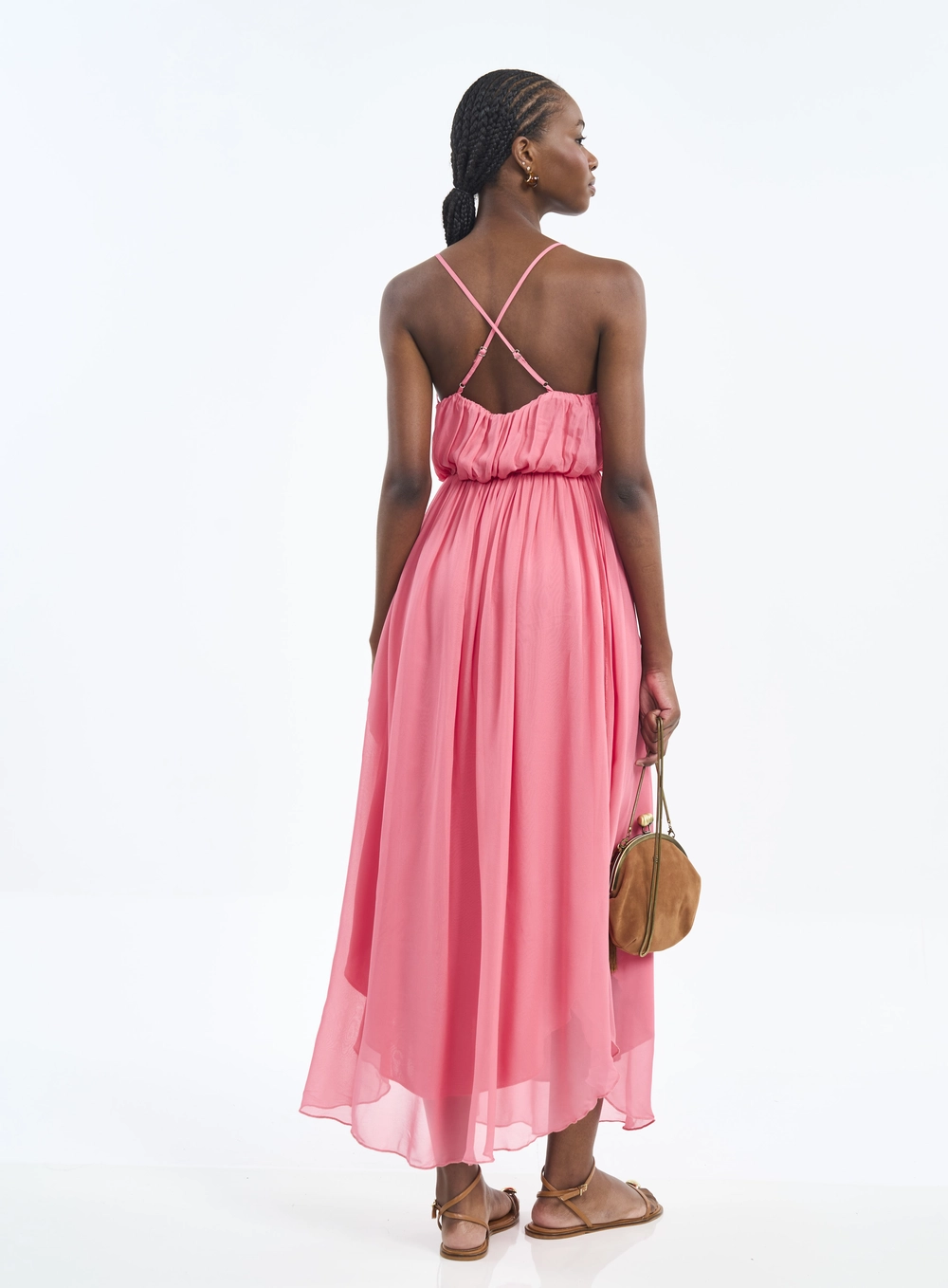 Vestido Longo Com Alças Cruzadas E Franzidos Rosa