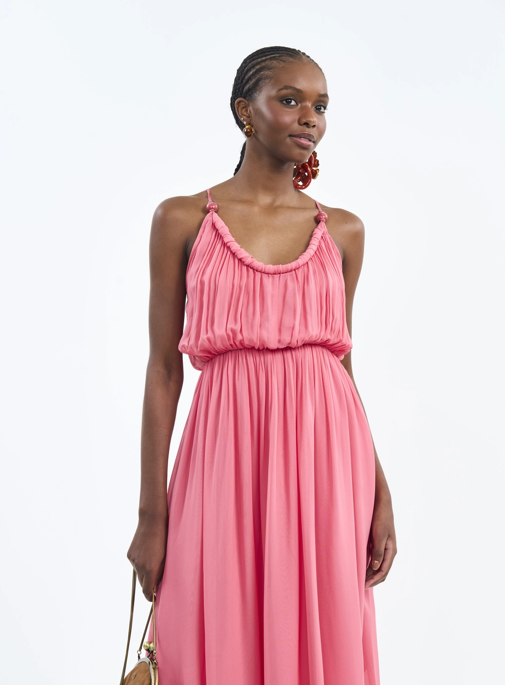 Vestido Longo Com Alças Cruzadas E Franzidos Rosa
