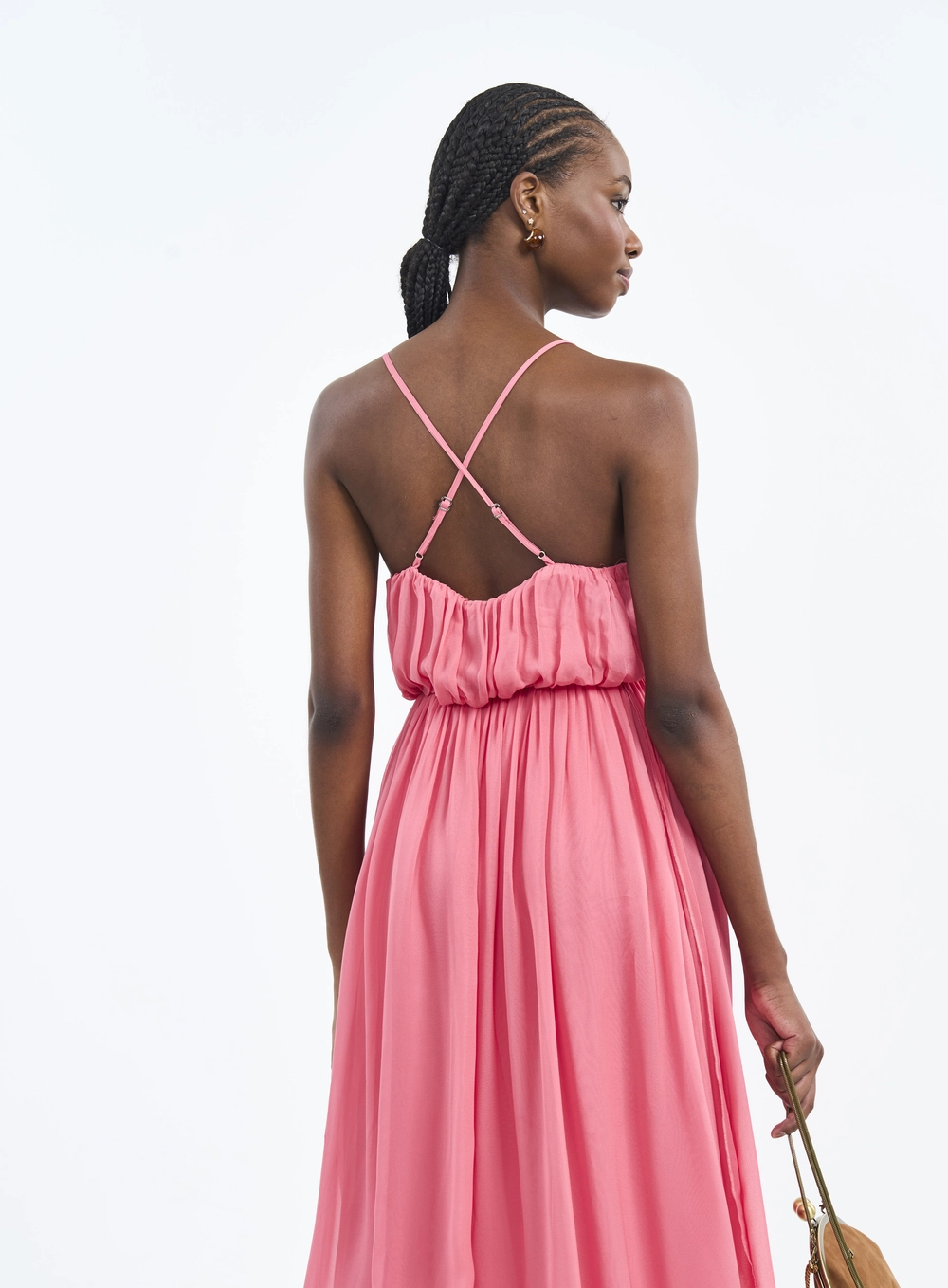Vestido Longo Com Alças Cruzadas E Franzidos Rosa