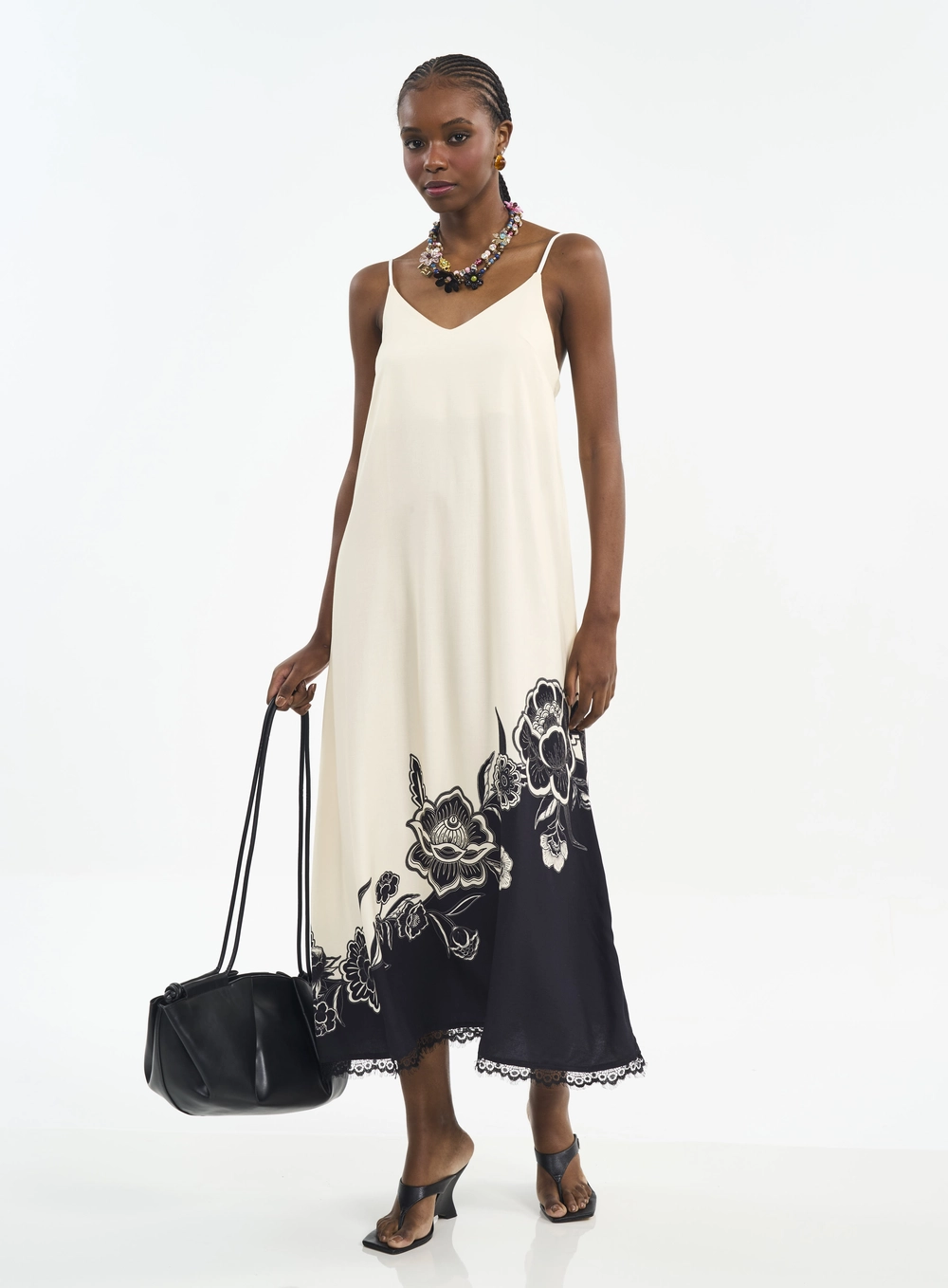 Vestido Midi Com Estampa Localizada E Renda Off