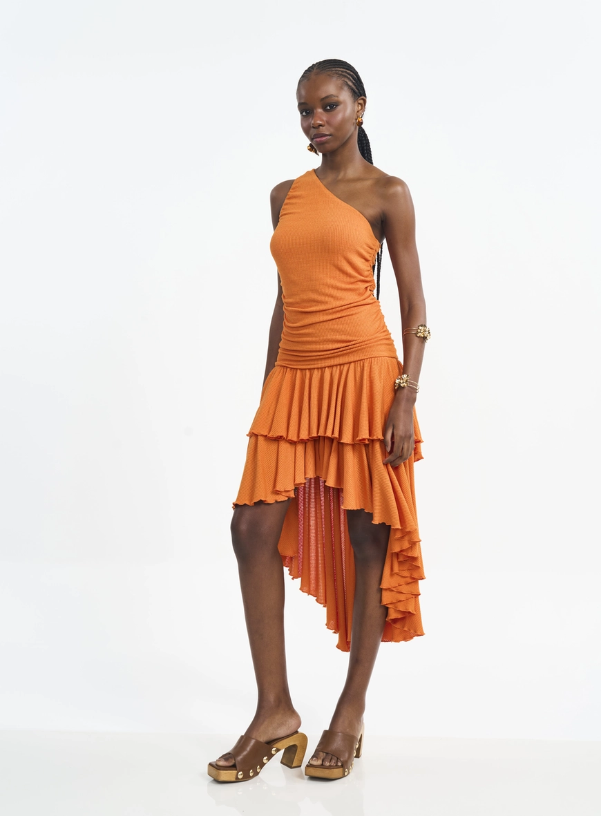 Vestido Midi Um Ombro Só Com Franzidos E Babados