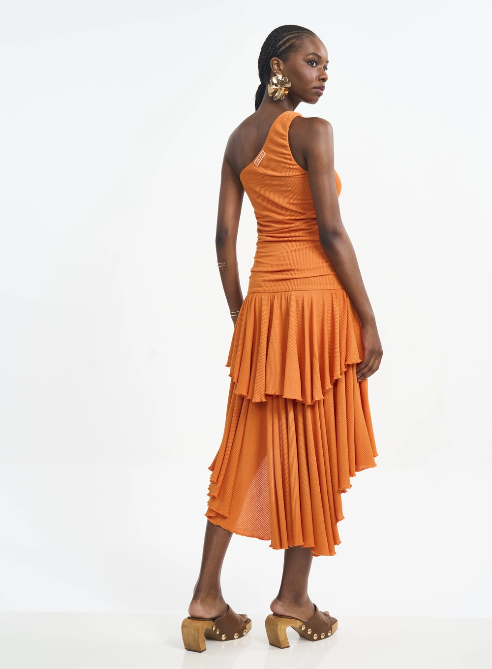 Vestido Midi Um Ombro Só Com Franzidos E Babados Laranja
