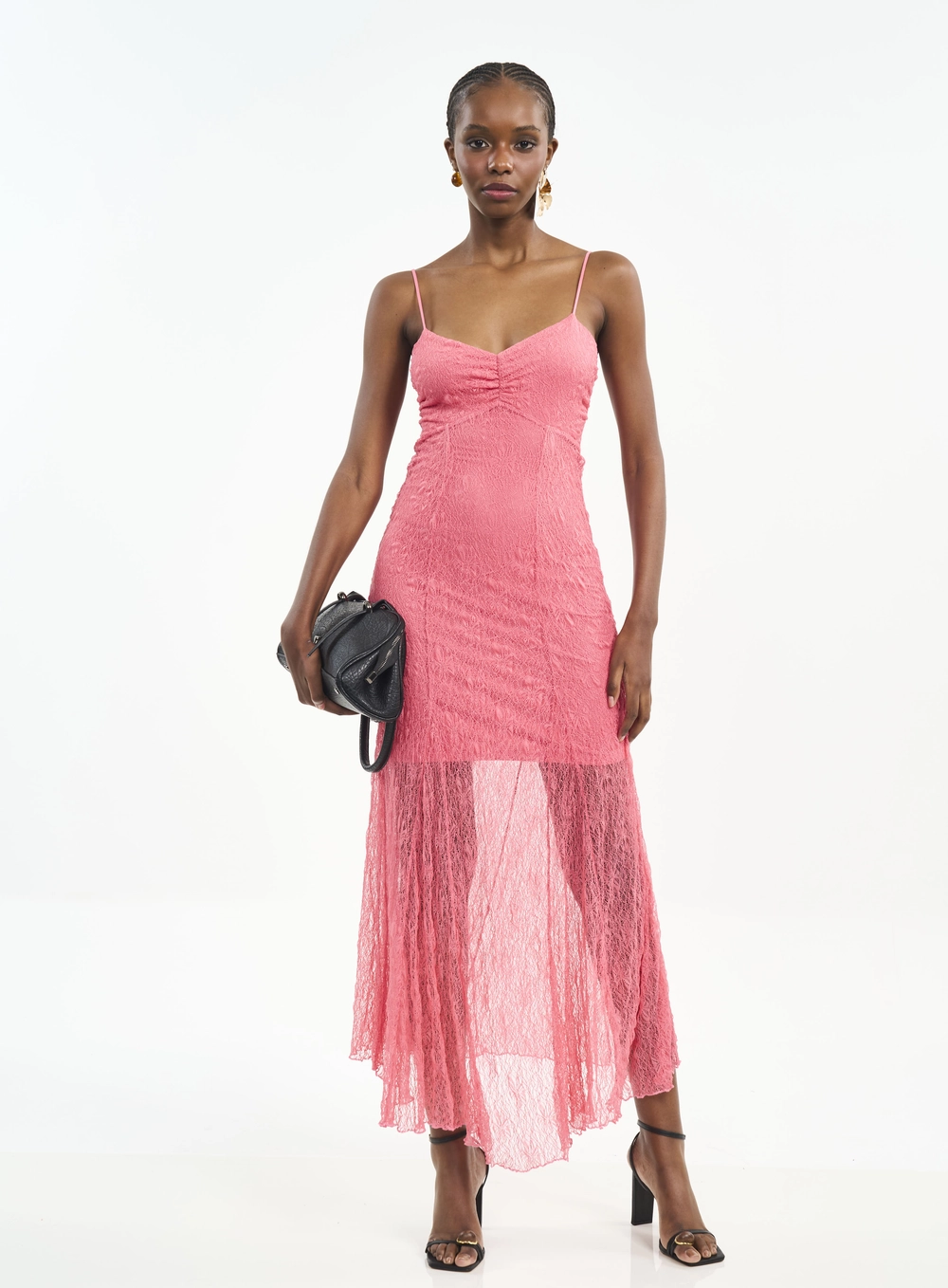 Vestido Longo De Renda Com Alças E Franzidos Rosa