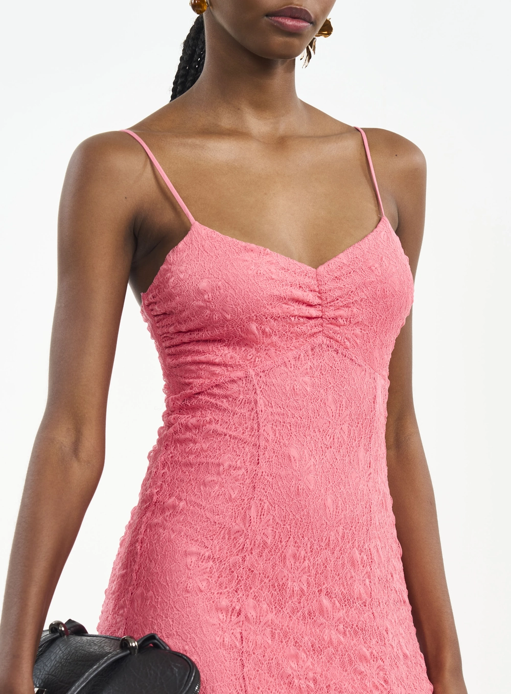 Vestido Longo De Renda Com Alças E Franzidos Rosa